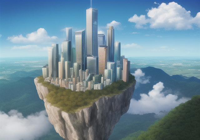anime-style drawing of a city on a cliff in the middle of a mountain with clouds and a blue sky above it is a floating island