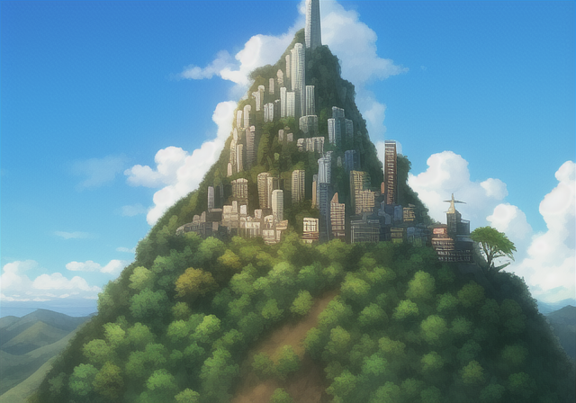 anime-style drawing of a very tall city on top of a hill with a sky background and clouds above it, with a green forest below