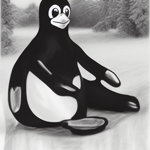 a black and white drawing of a deformed penguin sitting on the ground in the snow with trees in the background