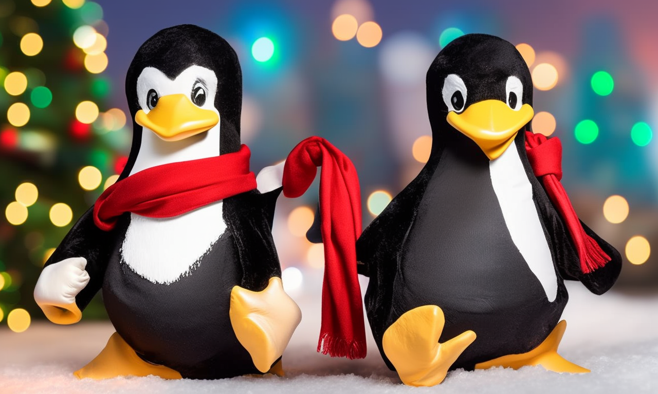 two penguins made from cloth with red scarfs on weird places on their body