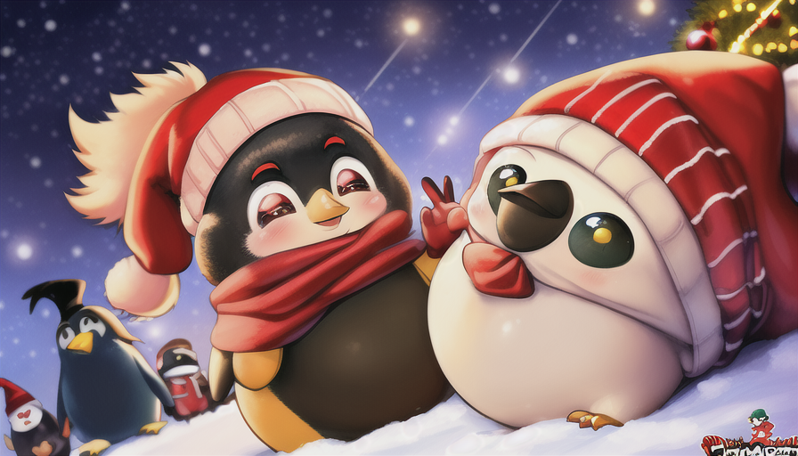 two plump anime characters wearing winter hats and scarves in the snow at night with a penguin flying overhead in the background